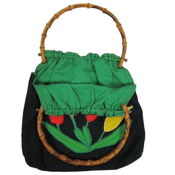 Vintage Tulip Appliqué Bamboo Handle Blue & Green Fabric Handbag Spring 80's - Picture 3 of 9